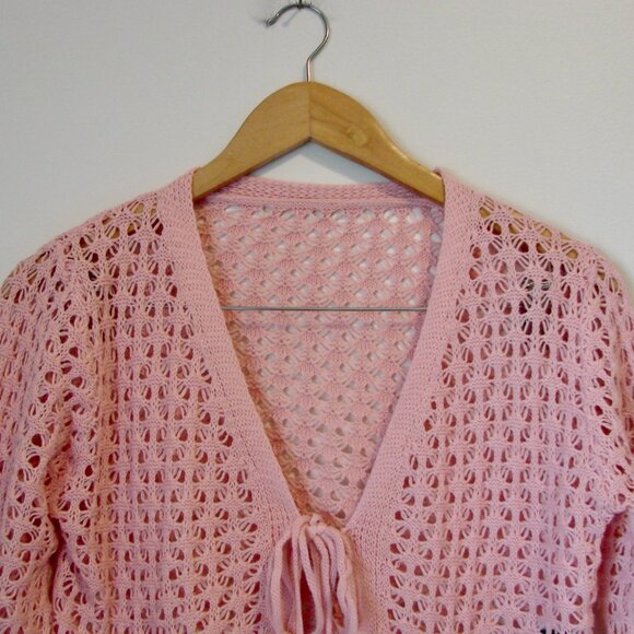 Pink Boho Crochet Knit Tie Front Cardigan Sweater Scallop Trim Cropped Top Small - Picture 8 of 16
